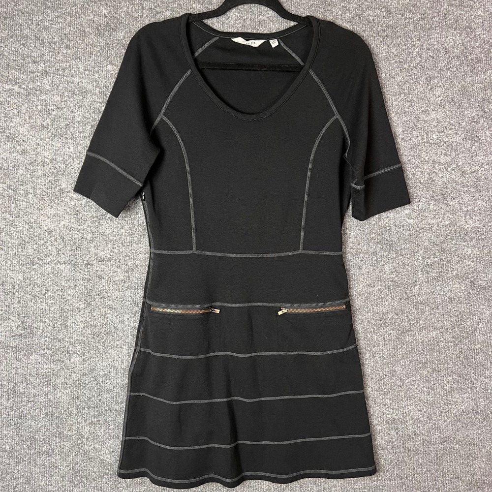 Athleta Sport Dress Womens S Black Short Sleeve Zip Pockets Seamed